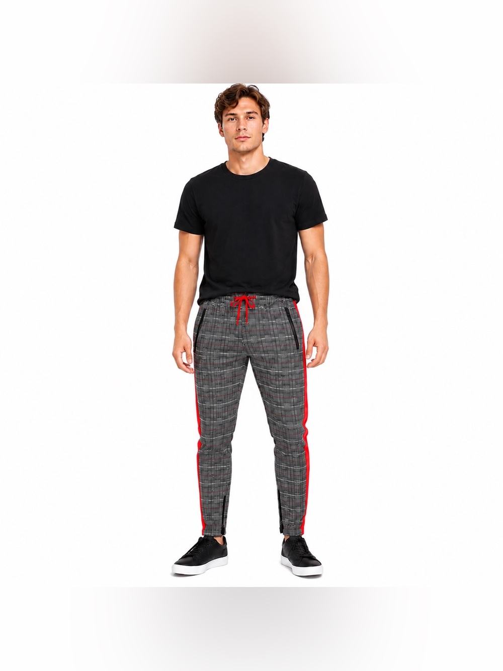 FXN Los Angeles Gray Plaid Red Stripe Track Zip Pocket and Ankle Pants Size M